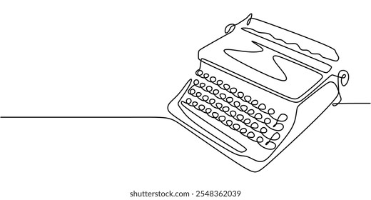 Minimalist continuous line drawing of a typewriter with buttons, symbolizing vintage and retro writing themes.