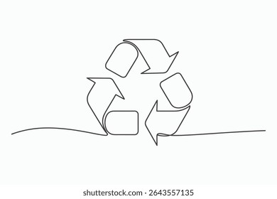 A minimalist continuous line drawing of the universal recycling symbol. Simple, clean design ideal for eco-friendly projects, websites, or presentations.
