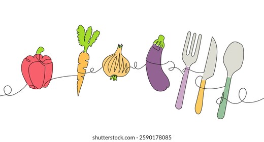 Minimalist Continuous Line Drawing of Vegetables and Cutlery