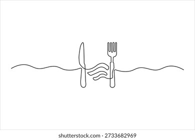 Minimalist continuous line drawing of a vertical knife and fork with wavy accents. Elegant cutlery icon for casual dining and restaurant branding.