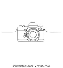 Minimalist continuous line drawing of a vintage retro camera captured in simple black ink strokes on a clean white background
