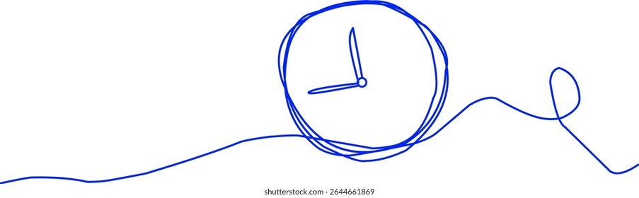 Desenho de linha contínua minimalista de um relógio de parede mostrando 2:00. Design moderno simples ideal para conceitos de tempo, pontualidade e programação.