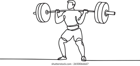 Desenho de linha contínua minimalista de um halterofilista segurando barbell em peito em pose atlética com estilo preto e branco moderno

