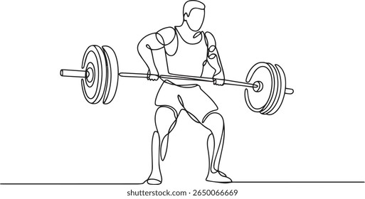 Desenho de linha contínua minimalista de um halterofilista segurando barbell em peito em pose atlética com estilo preto e branco moderno

