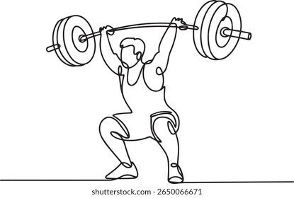 Desenho de linha contínua minimalista de um halterofilista segurando barbell em peito em pose atlética com estilo preto e branco moderno


