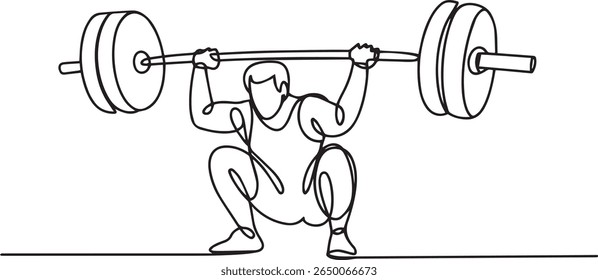 Desenho de linha contínua minimalista de um halterofilista segurando barbell em peito em pose atlética com estilo preto e branco moderno

