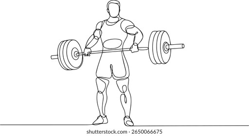 Desenho de linha contínua minimalista de um halterofilista segurando barbell em peito em pose atlética com estilo preto e branco moderno

