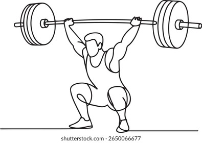 Desenho de linha contínua minimalista de um halterofilista segurando barbell em peito em pose atlética com estilo preto e branco moderno

