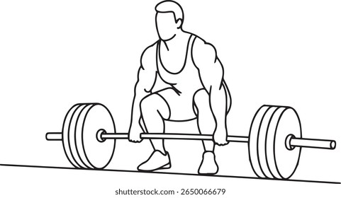 Desenho de linha contínua minimalista de um halterofilista segurando barbell em peito em pose atlética com estilo preto e branco moderno

