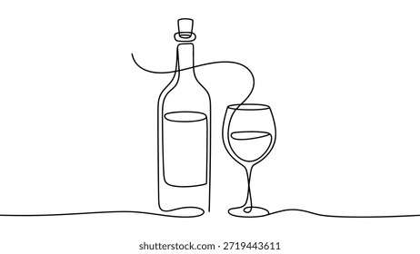 Dibujo continuo minimalista de la línea de la botella de vino y del vidrio con el corcho, ilustración moderna elegante del arte de la sola línea