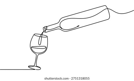 Minimalist continuous line drawing of wine bottle pouring into glass, elegant single line art illustration symbolizing celebration, drink, and lifestyle