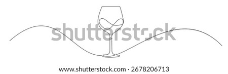 Minimalist continuous line drawing of a wine glass with liquid. Simplistic design conveys elegance for wine-related branding and creative projects.