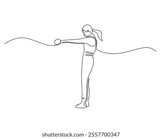 Minimalist continuous line drawing of a woman exercising with a dumbbell, showcasing fitness, strength, and movement. Ideal for health, wellness, and workout concepts.