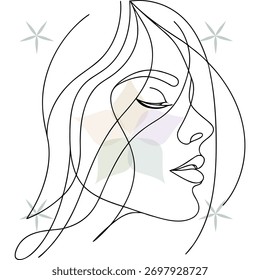 Línea continua minimalista que dibuja el perfil de una mujer con el pelo que fluye belleza abstracta solo lineart