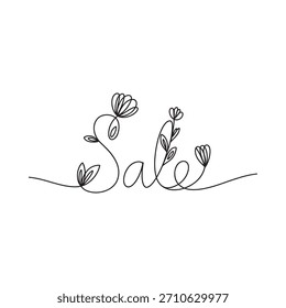 A minimalist, continuous line drawing of the word 'Sale' intertwined with delicate floral elements and leaves on a white background.