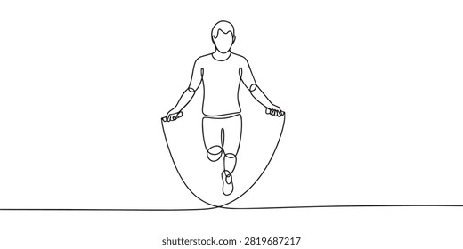 Minimalist continuous line drawing of a young man exercising with skipping rope