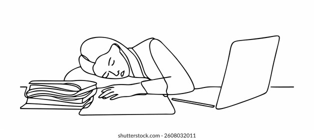 Minimalist Continuous Line Exhausted Person. Simple single line sketch of a person sleeping on documents.