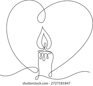 Ilustração em linha contínua minimalista de uma vela acesa dentro de uma forma de coração. Elegante símbolo de amor, lembrança, esperança e espiritualidade, perfeito para projetos memoriais, conceitos românticos, papelaria de casamento, cartazes, tatuagens e projetos modernos de arte de linha.
