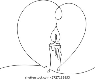 Ilustração em linha contínua minimalista de uma vela acesa dentro de uma forma de coração. Elegante símbolo de amor, lembrança, esperança e espiritualidade, perfeito para projetos memoriais, conceitos românticos, papelaria de casamento, cartazes, tatuagens e projetos modernos de arte de linha.