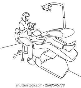 Minimalist continuous line illustration of a dental checkup scene showing a dentist and patient interaction