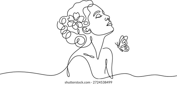 Una ilustración de línea continua minimalista que presenta un perfil de mujer elegante con una delicada flor en su cabello rizado y una pequeña mariposa.