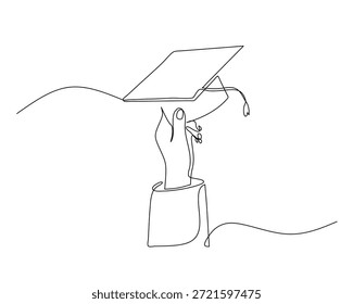 Ilustração de linha contínua minimalista de uma mão levantando um boné de graduação com borla, simbolizando o orgulho acadêmico, a realização, o sucesso e a transição da educação para oportunidades futuras em um estilo moderno.