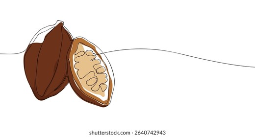 Minimalist continuous line illustration of an open cocoa pod showing seeds, ideal for chocolate, organic, or botanical themes.
