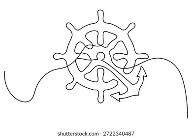 Ilustración de línea continua minimalista de un volante de barco y un ancla fusionados en un solo movimiento, perfecto para logotipos náuticos, marcas marinas, ropa de vela, impresiones de decoración costera, identidad de club de barcos, diseños de estilo de vida oceánico y proyectos de arte de pared con temas marítimos