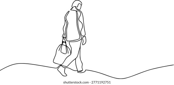 Minimalist continuous line illustration showing pedestrian traveler in winter jacket moving forward on journey path.