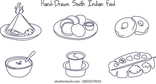 Minimalist continuous line illustration of south indian dishes including crispy dosa rolls soft idli cakes with dip donut shaped vada soup bowl tumblr coffee and assorted items on banana leaf.