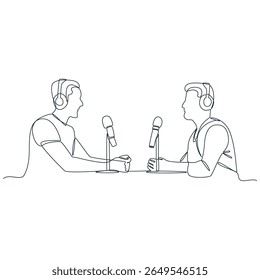 Ilustração minimalista em linha contínua de dois hosts de podcast falando em microfones, compartilhando histórias e trocando ideias