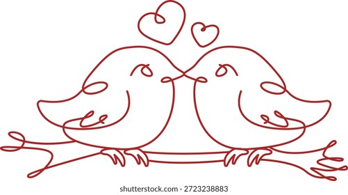 Ilustración de línea continua minimalista de dos pájaros lindos sentados en una rama con corazones por encima de ellos. Ilustraciones románticas de estilo dibujado a mano, perfectas para diseños de San Valentín, invitaciones de boda, tarjetas de felicitación, carteles, impresiones, pegatinas y marcas románticas. Arte de línea roja simple aislado en el fondo blanco.