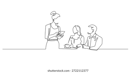 Minimalist continuous line illustration of a waitress taking an order from customers at a cafe. Simple single line art symbolizing hospitality and customer service.