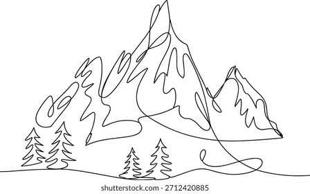 Linha contínua minimalista de picos de montanha e pinheiros
