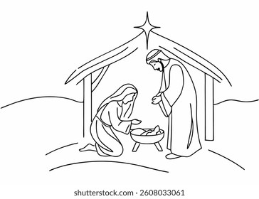 Minimalist Continuous Line Nativity Scene. Simple single line depiction of the Nativity.