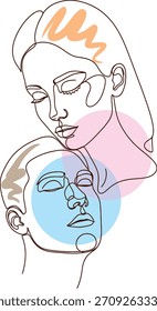 Línea continua minimalista Retrato de hombre y mujer con círculos Abstractas