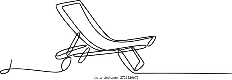 Esbozo de línea continuo minimalista de una silla plegable al aire libre vacía adecuada para el uso del patio de la playa o del jardín. Contorno de un solo trazo perfecto para temas de relajación o viajes.