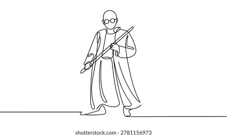 Minimalist continuous line of a wise monk figure holding a wooden staff in a peaceful standing posture