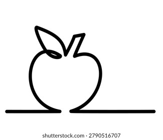 Minimalist continuous one line apple icon vector. Simple black outline fruit isolated on white background. Modern linear apple symbol design, healthy food. Vector graphic, not Artificial Intelligence