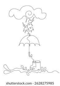 Minimalista arte de una línea de botas en la lluvia, protegido por un paraguas de una nube de tormenta por encima, de pie en el agua de la inundación, recordándonos que debemos estar atentos al Clima extremo. Trazo editable