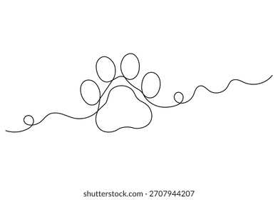 Minimalist continuous one line art drawing of an animal paw print with a trailing wavy path.
