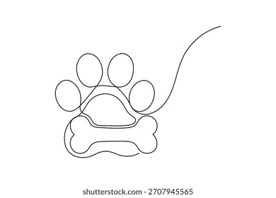 Minimalist continuous one line art of a dog paw print and bone, pet care concept design