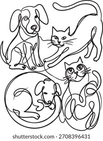 A minimalist continuous one line art illustration set featuring cats and dogs in various poses. Perfect for modern design projects such as logo, poster, greeting card, wall art, pet branding.