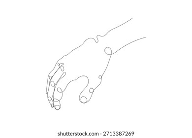 Dibujo minimalista continuo de una línea de arte de una mano humana que llega o descansa sobre un fondo transparente