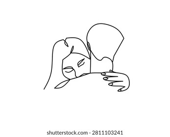 Minimalist continuous one line art illustration of a couple embracing with faces close together. Abstract black line drawing of man and woman in intimate hug on white background. Romantic, elegant, and emotional. Perfect for wedding, valentine, love card, poster, logo, tattoo design, and minimalist wall decor.