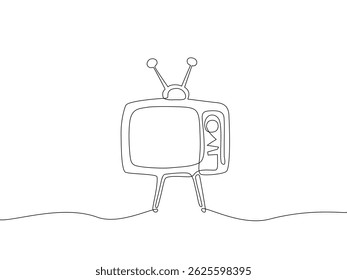 Minimalista contínuo de uma linha desenhos animados rabiscar desenho de uma televisão retro clássica com antena. Perfeito para temas antigos, ilustrações vetoriais e coleções de arte digital. Traçado editável