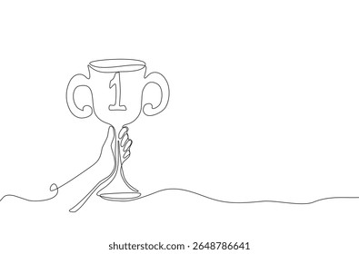 Minimalist continuous one line cartoon doodle drawing of a hand holding a trophy with number one, symbolizing victory and achievement in a simple artistic style. Vector illustration, Editable stroke