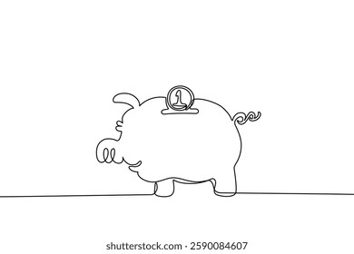 Minimalist continuous one line drawing of a piggy bank with a coin inserted. Simple financial savings concept, ideal for investment, banking, and financial planning themes, Vector Editable stroke