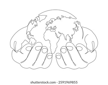 Minimalist continuous one line drawing of Earth held in hands with a plant, symbolizing World Environment Day vector.