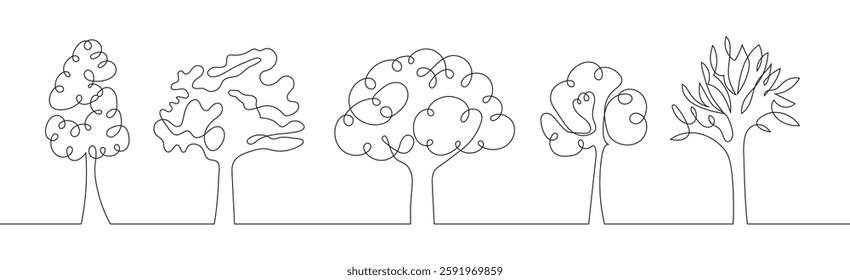 Minimalist continuous one line drawing of green trees on a white background. Perfect for garden decoration, park design